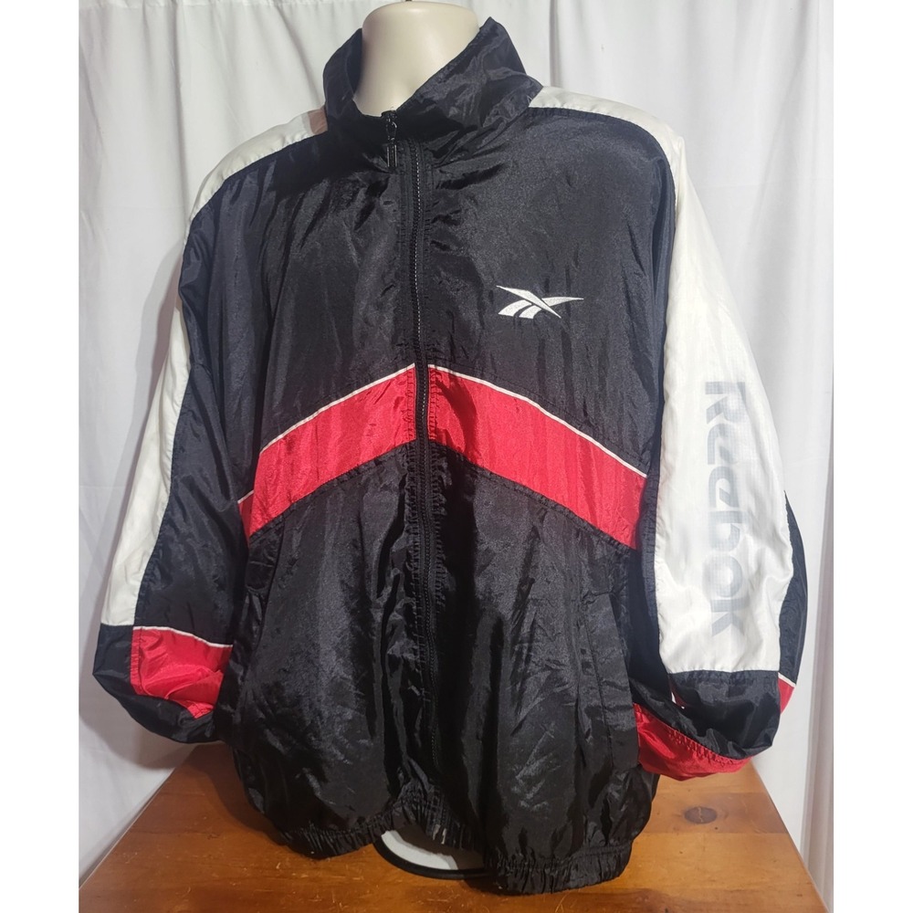 Vintage 90s Reebok Windbreaker Jacket Mens XL Black Red White Colorblock Logo